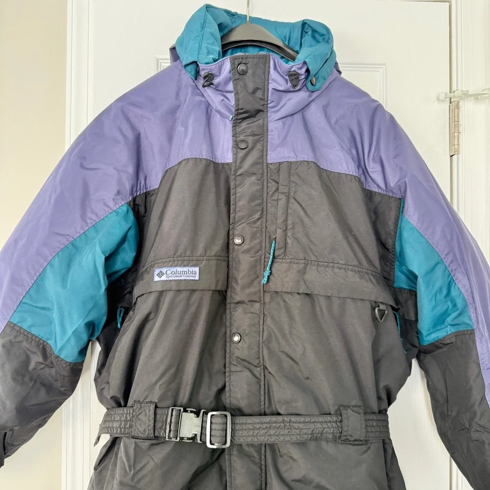 Columbia Snowsuit Men’s XL Black Colorblock Belted Vintage 90s 80s Ski Bib Retro